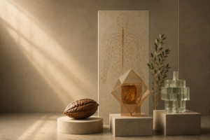 Abstrakte Darstellung eines menschlichen Nervensystems mit vernetzten Strukturen, Naturstoff und geometrischen Glaselementen in warmer Museumsarchitektur.